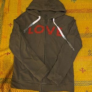 Life Is Good Olive Hoodie with Orange LOVE Accents